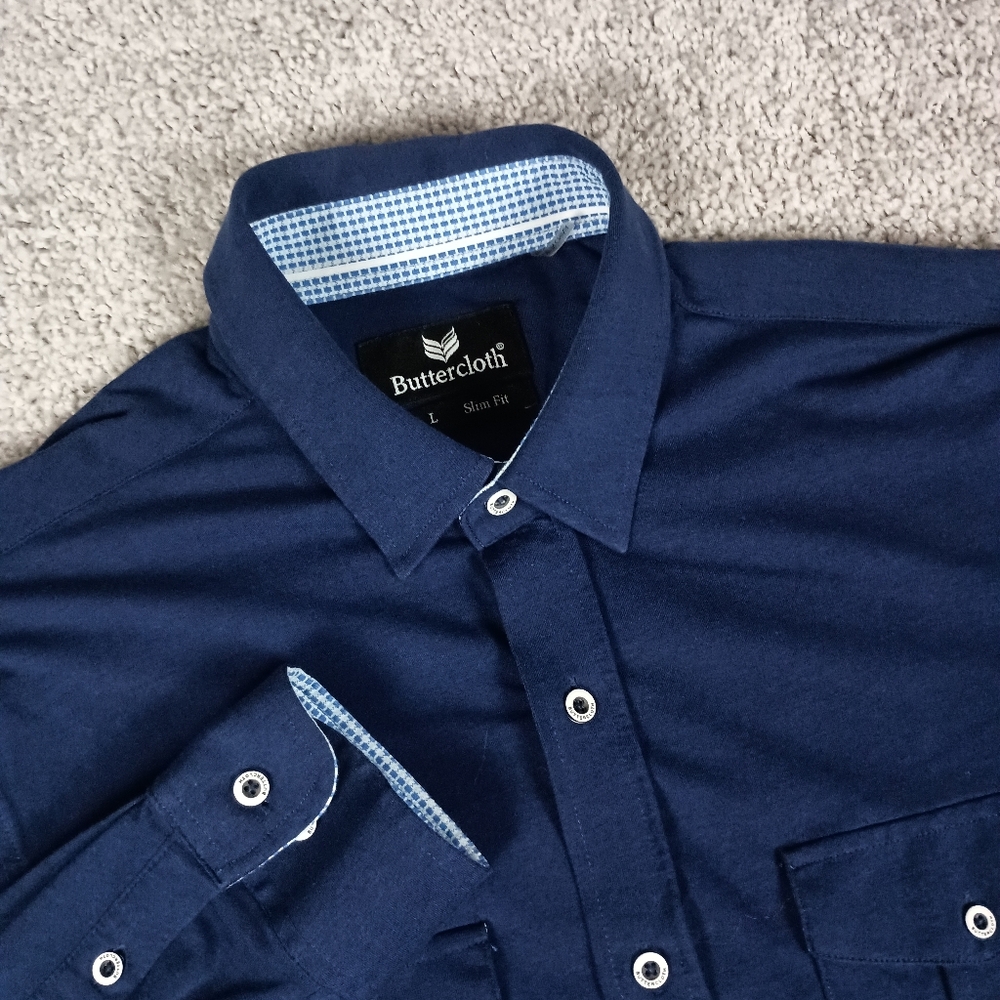 Buttercloth Mens L Blue Button‎ Down Long Sleeve Shirt